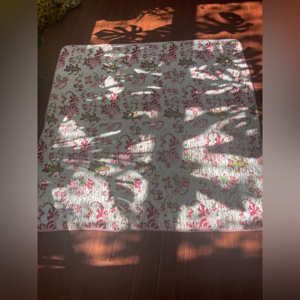 Vintage Children’s Quilt Bedspread 65 X 65 Cheshire Cat Tiger Pink Green Blanket